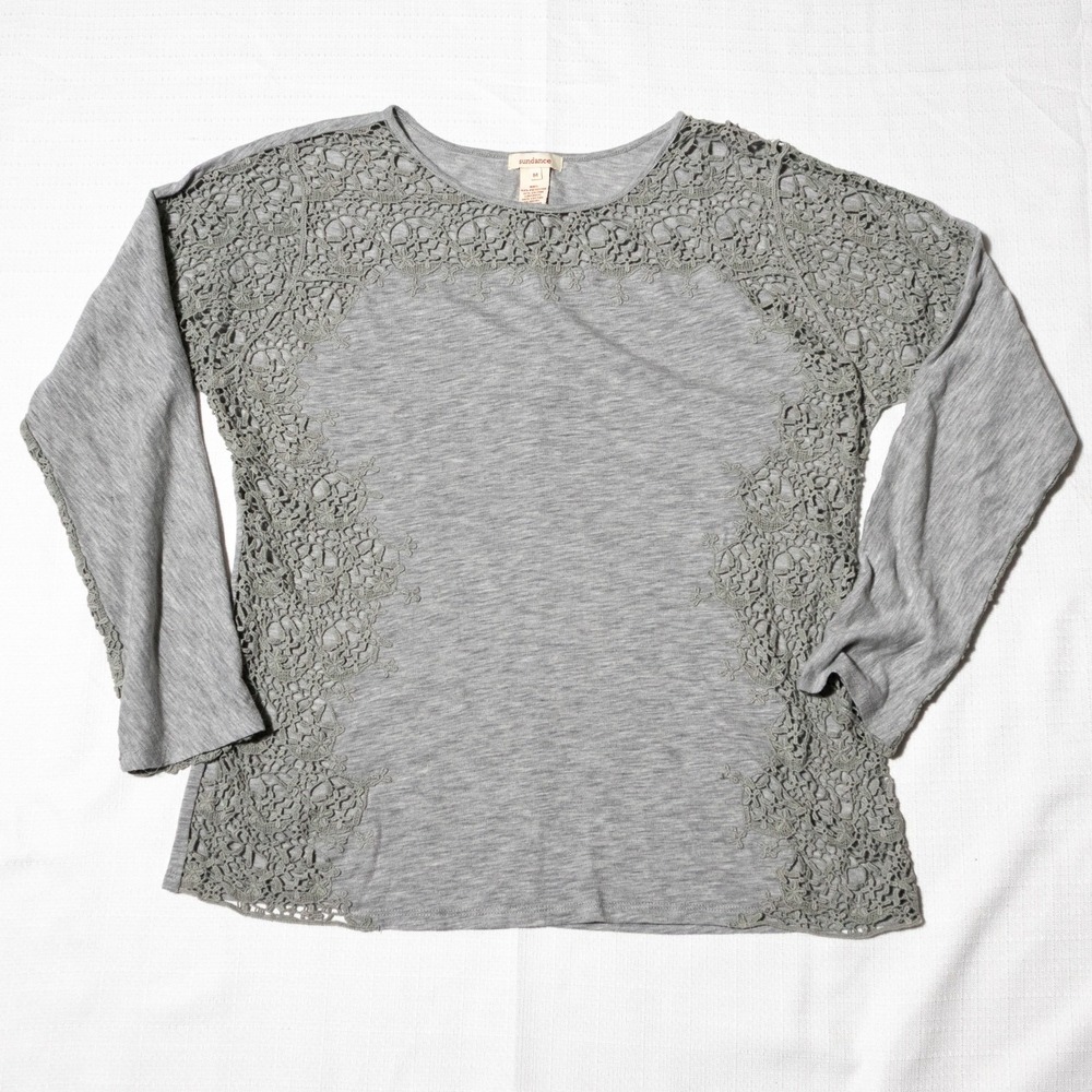 Sundance Cottagecore Crochet Gray Shirt Boho Romantic Lagenlook Women's Medium